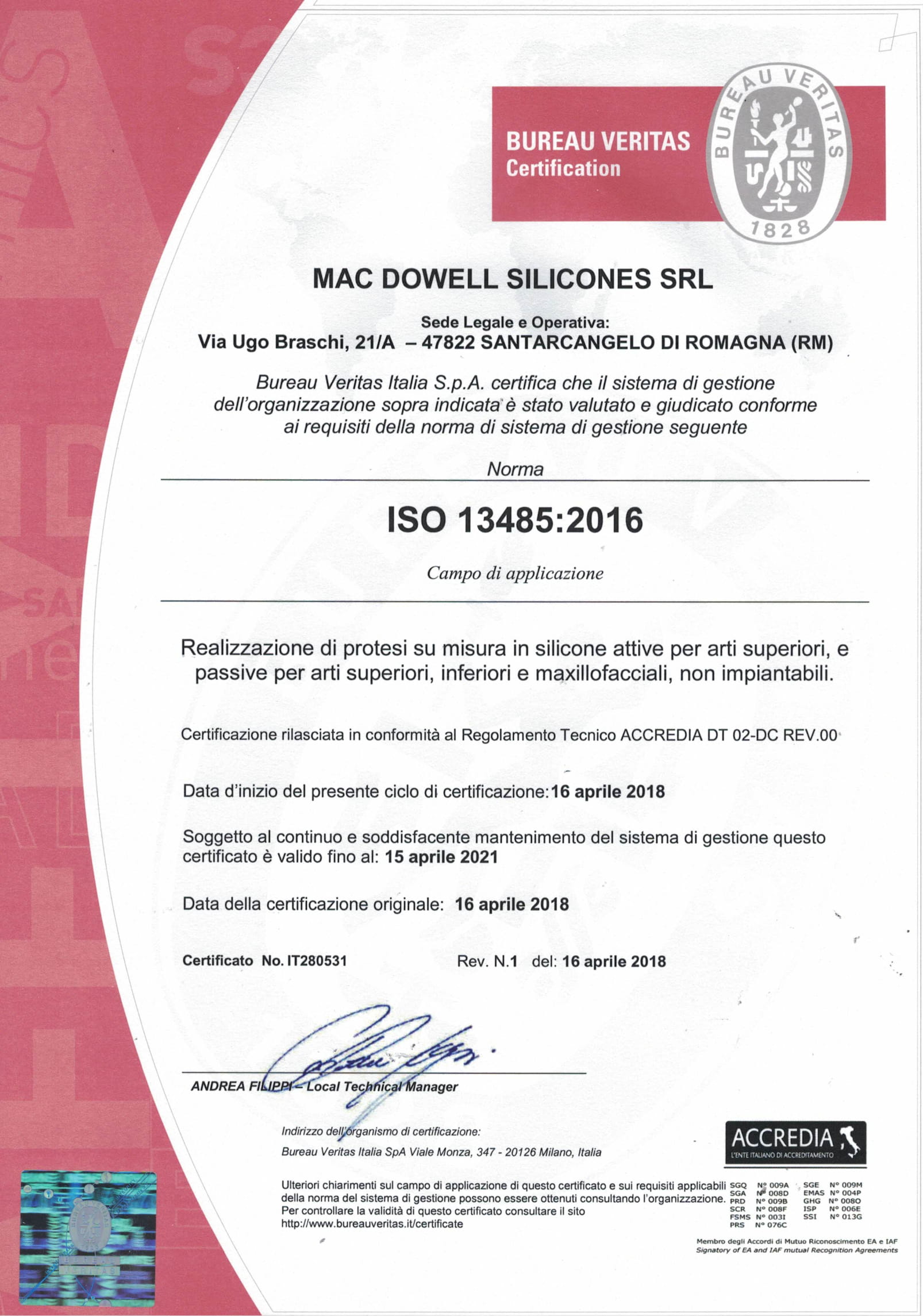 CERTIFICAZIONE ISO 1348504052018-1 Mac Dowell Silicones